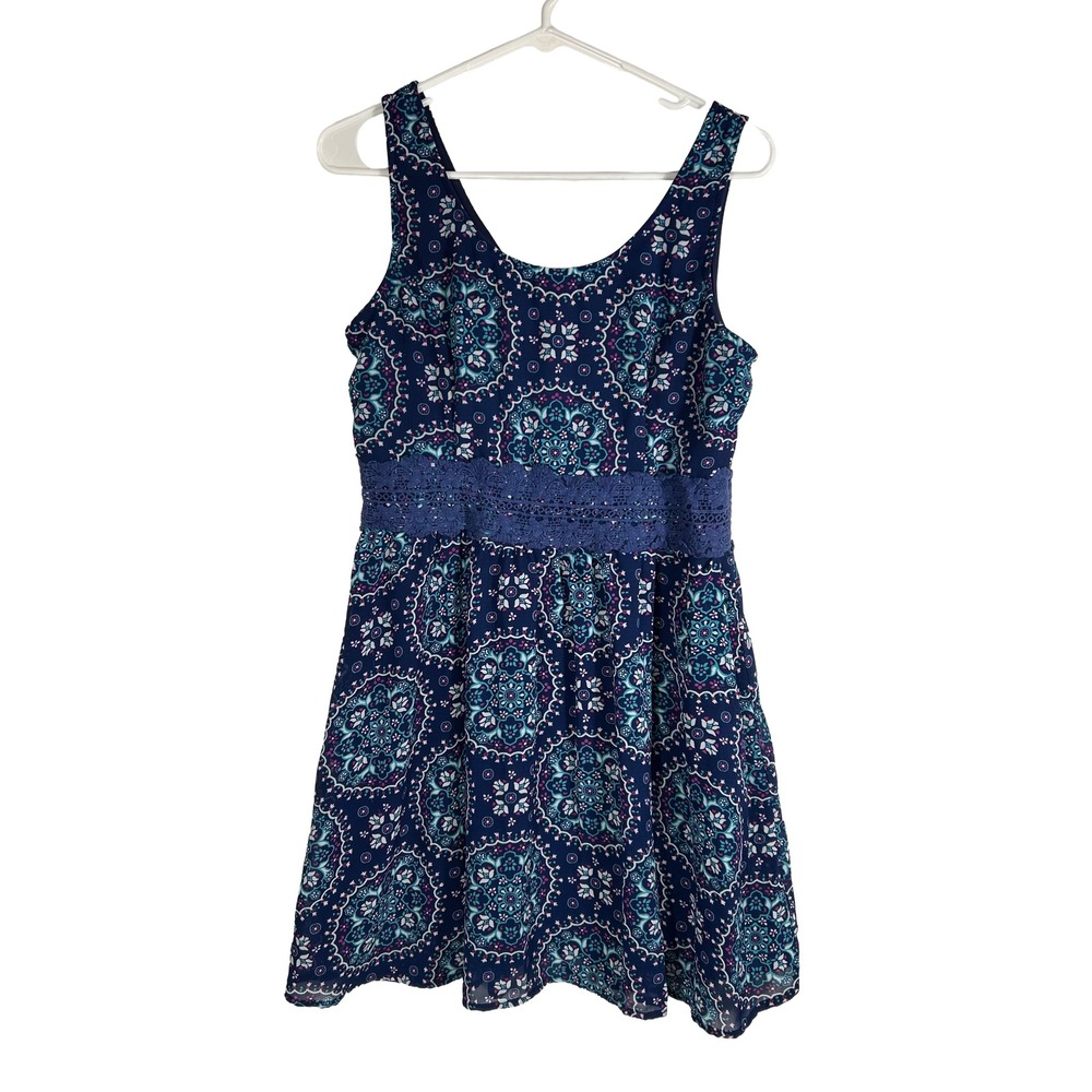 Xhilaration Womens Large Navy Blue Paisley Medallion Crochet Lace Mini Dress L